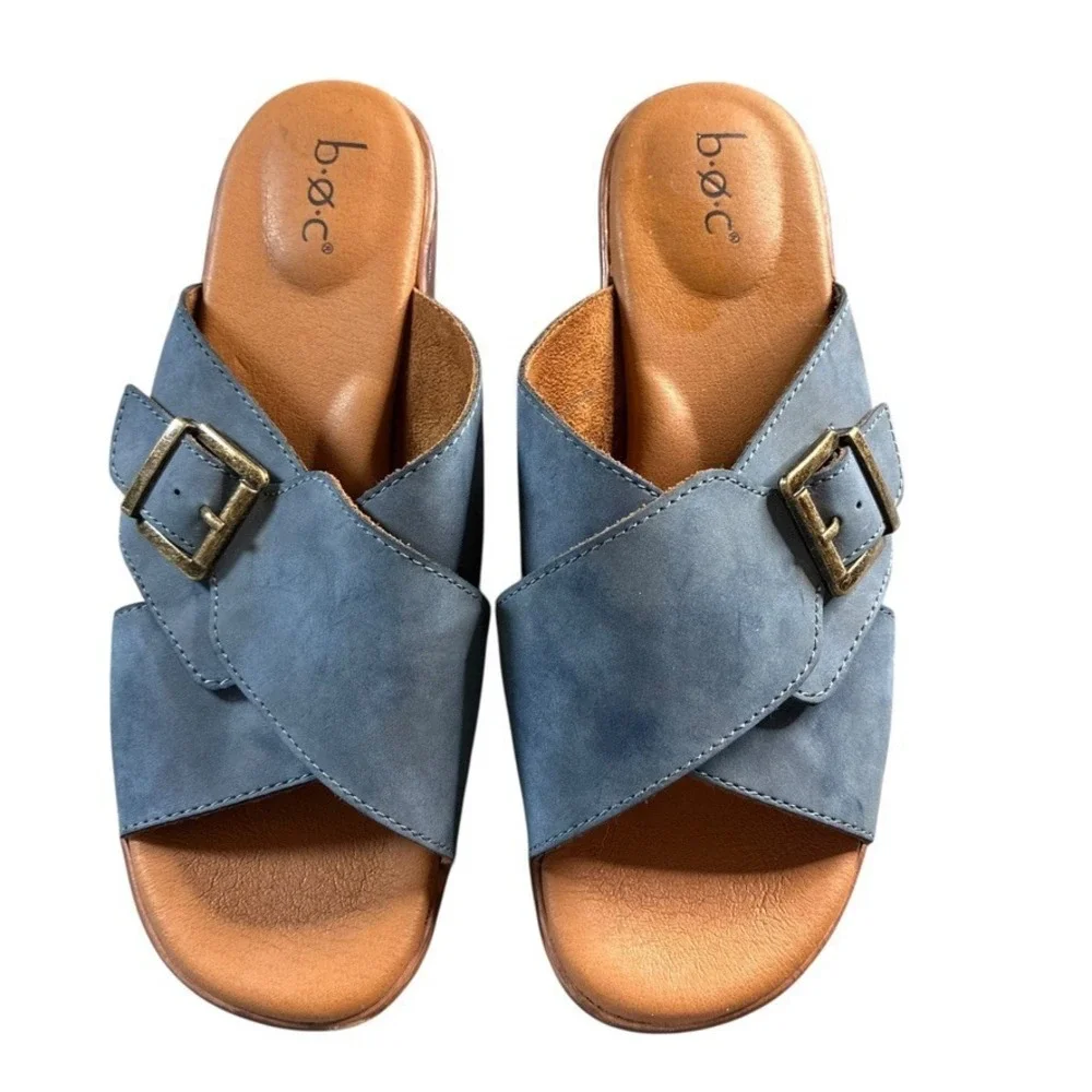 BOC Cross Band Strap Sandals Blue Suede Faux Leather Wedge Heel‎ Women's Sz.9M - Picture 4 of 14